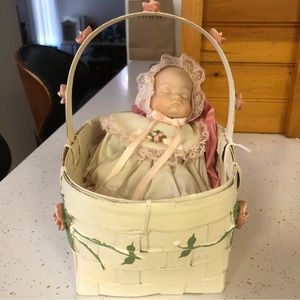 Vintage Ceramic Dressed Doll in Weaved Basket with Handle